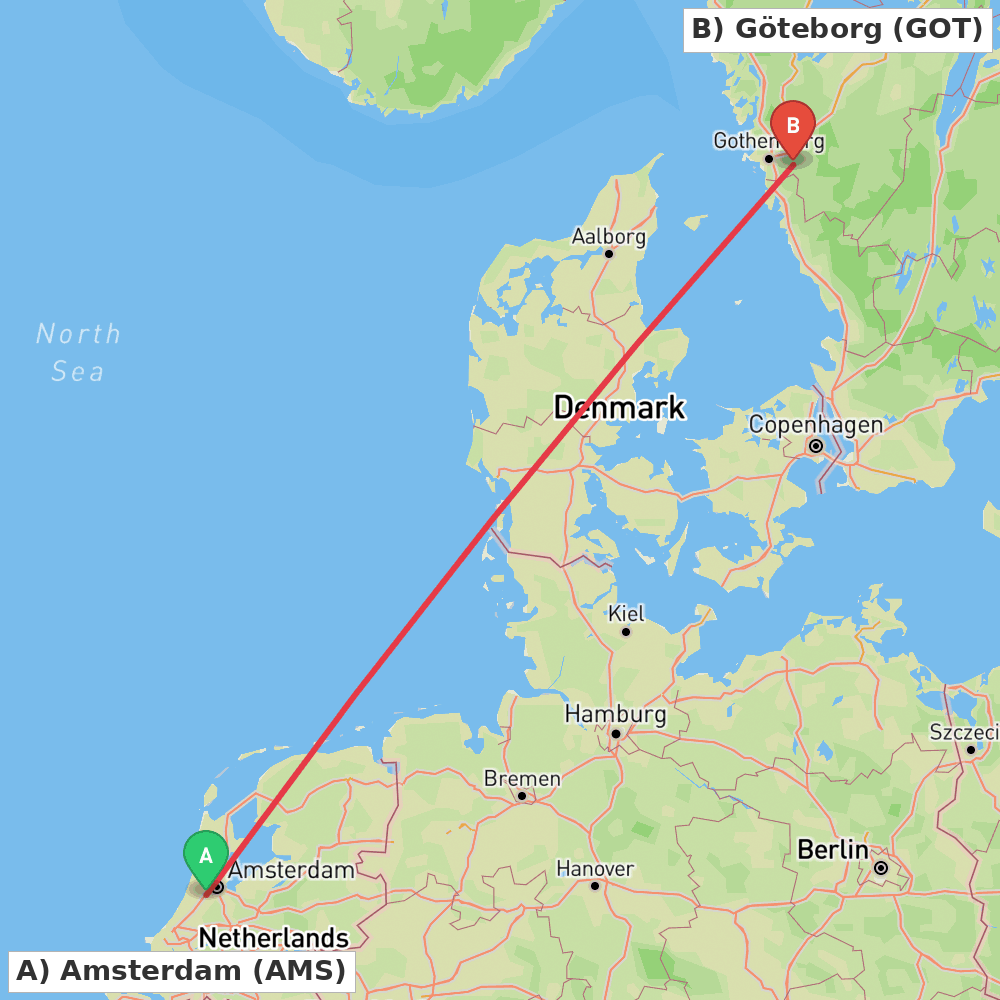 Flight route map from Amsterdam to Göteborg