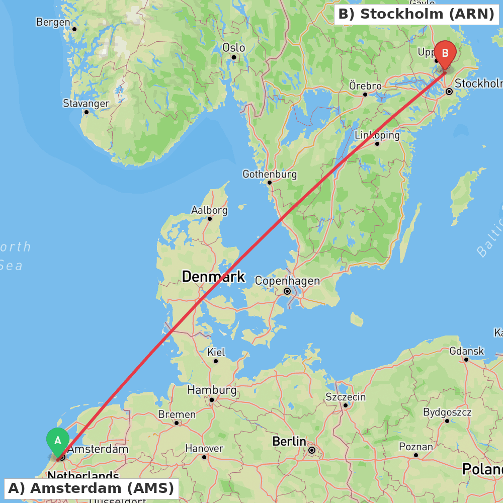 Flight route map from Amsterdam to Stockholm