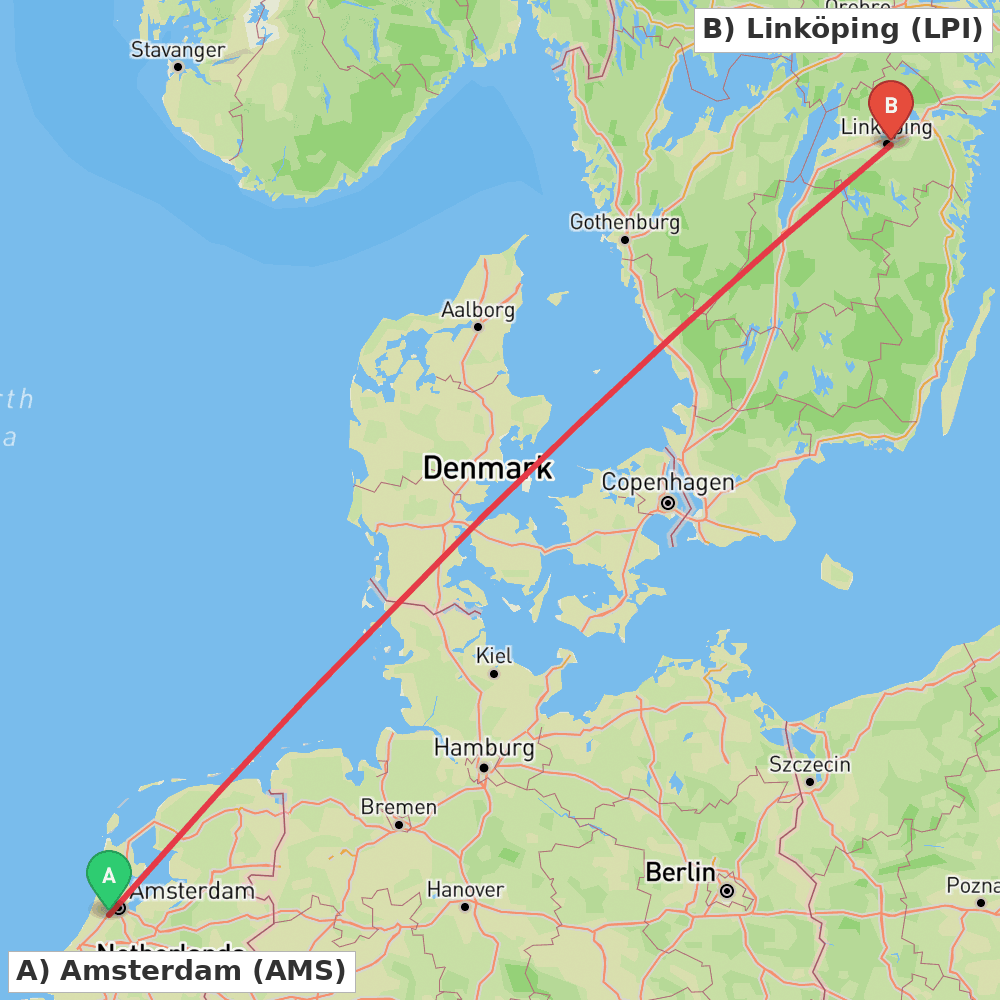 Flight route map from Amsterdam to Linköping