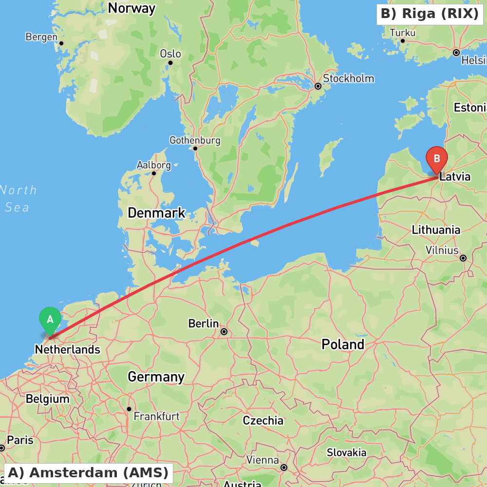 Flight route map from Amsterdam to Riga