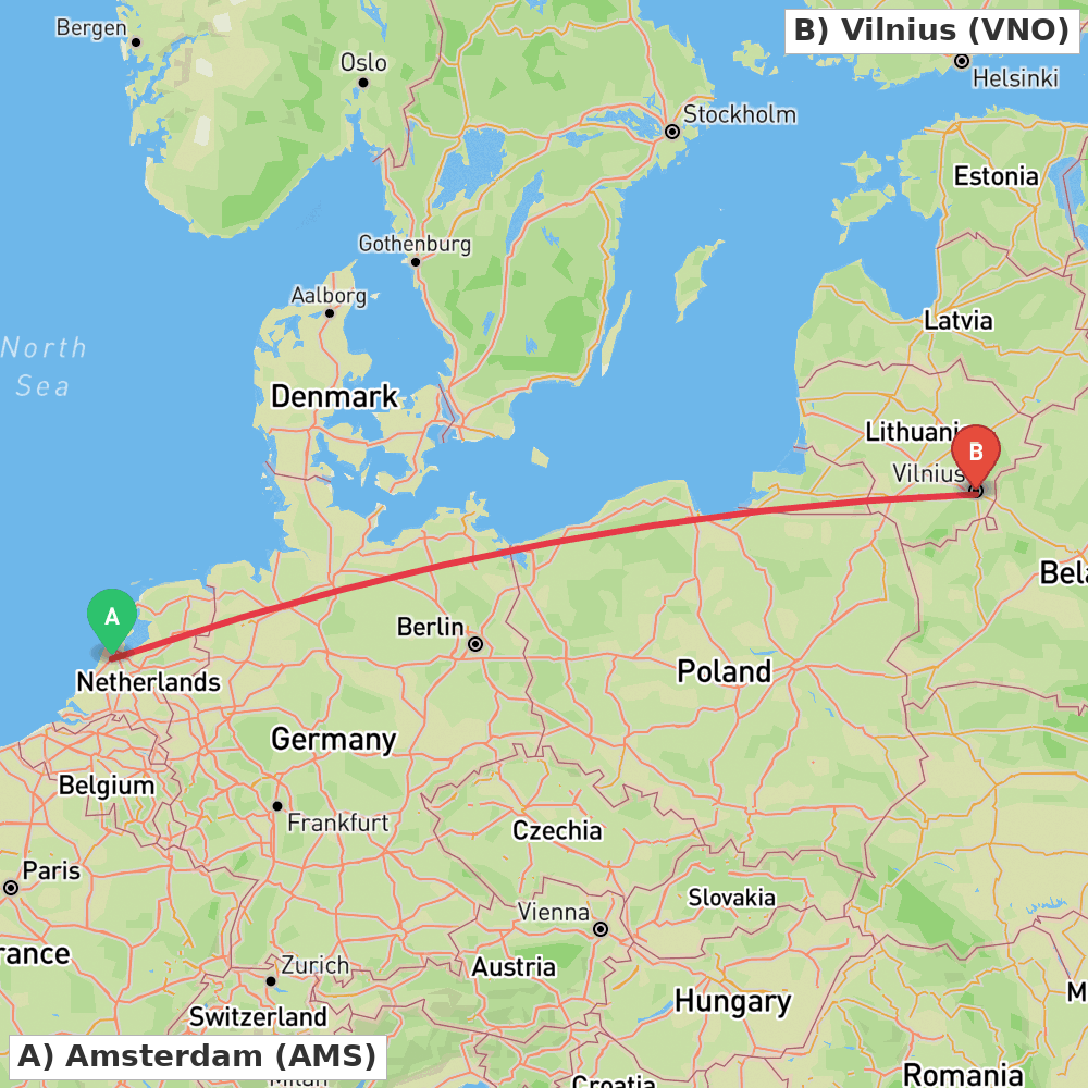 Flight route map from Amsterdam to Vilnius
