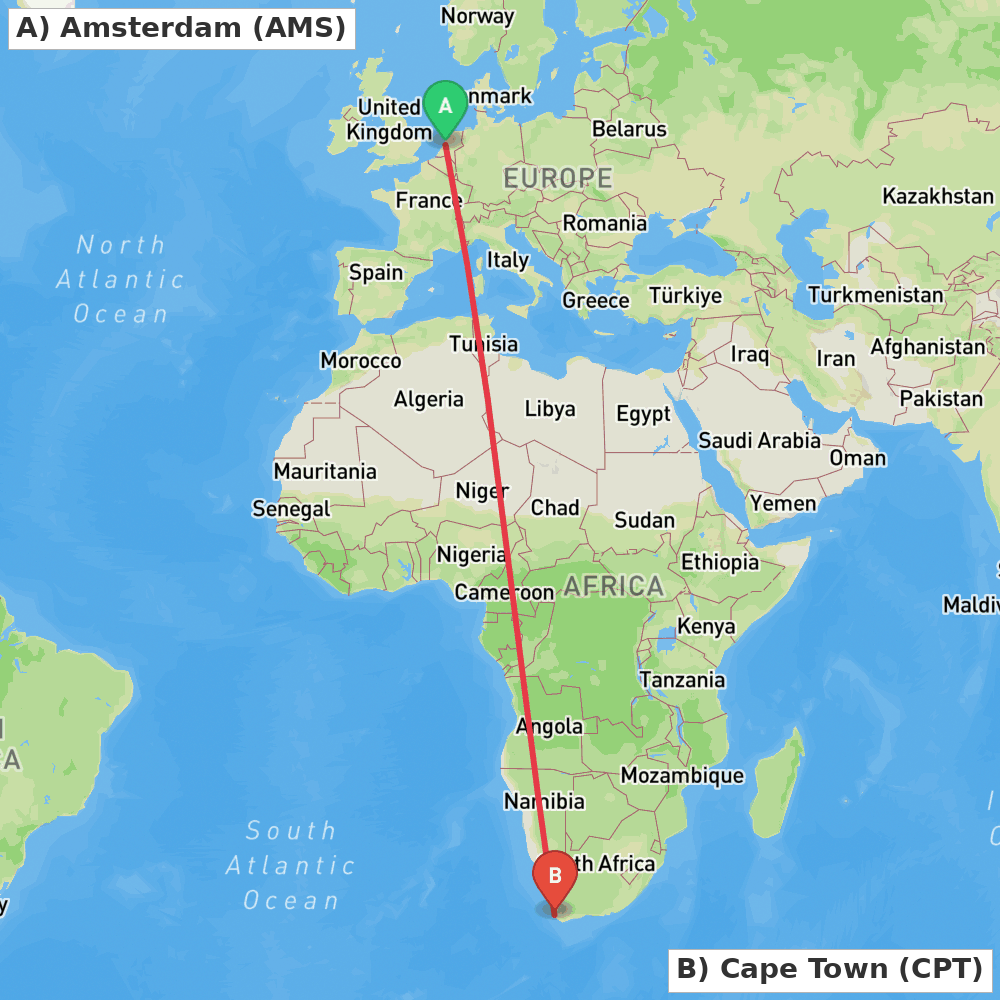 Flight route map from Amsterdam to Cape Town