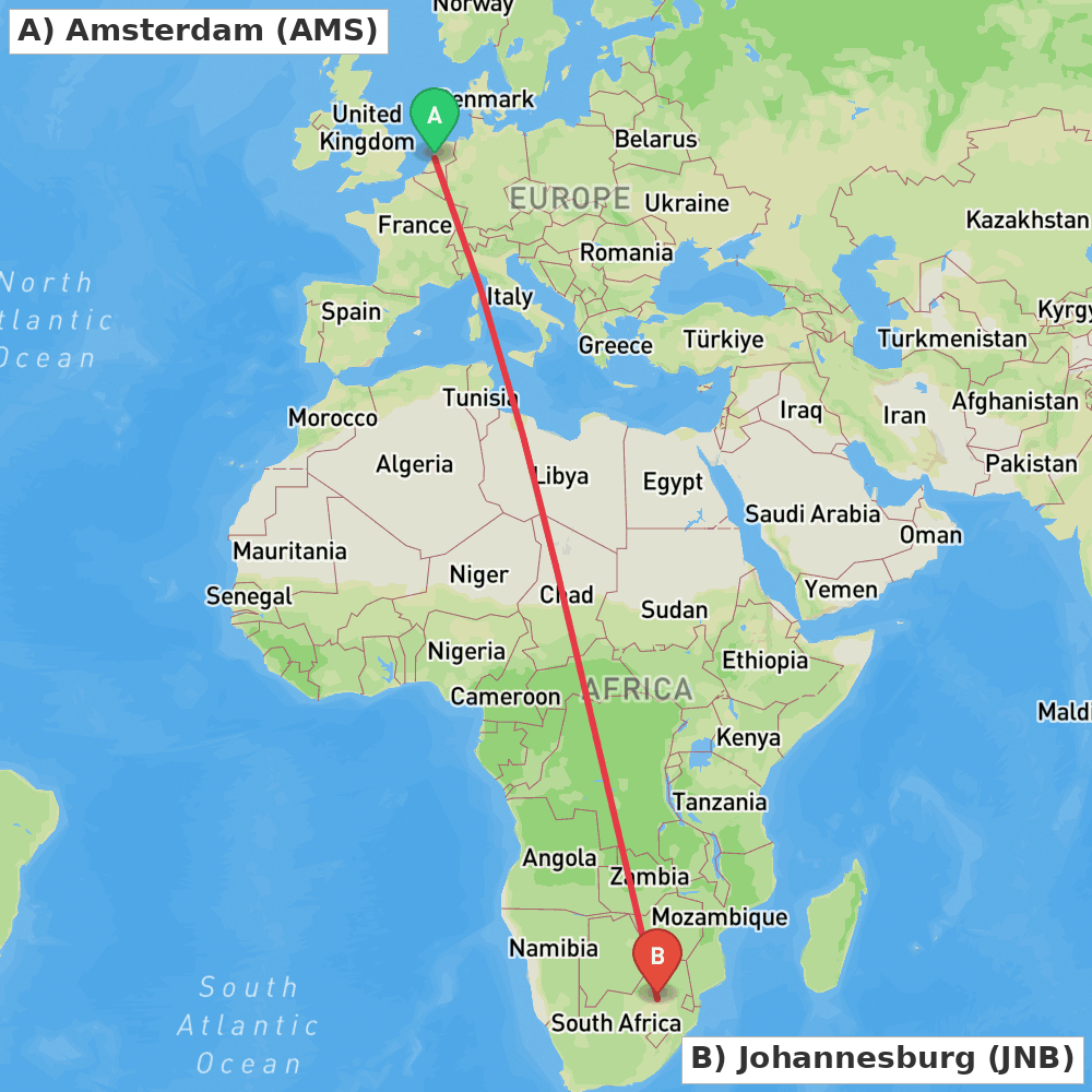 Flight route map from Amsterdam to Johannesburg