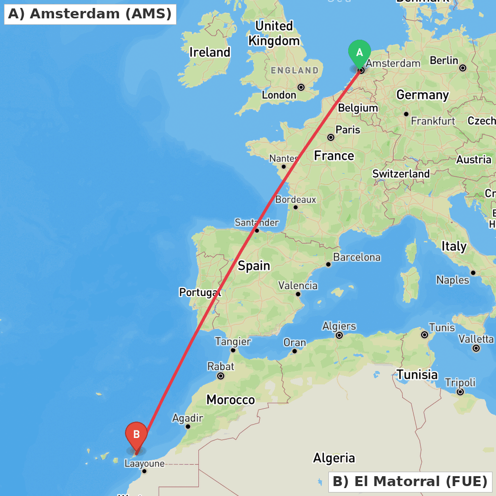 Flight route map from Amsterdam to El Matorral