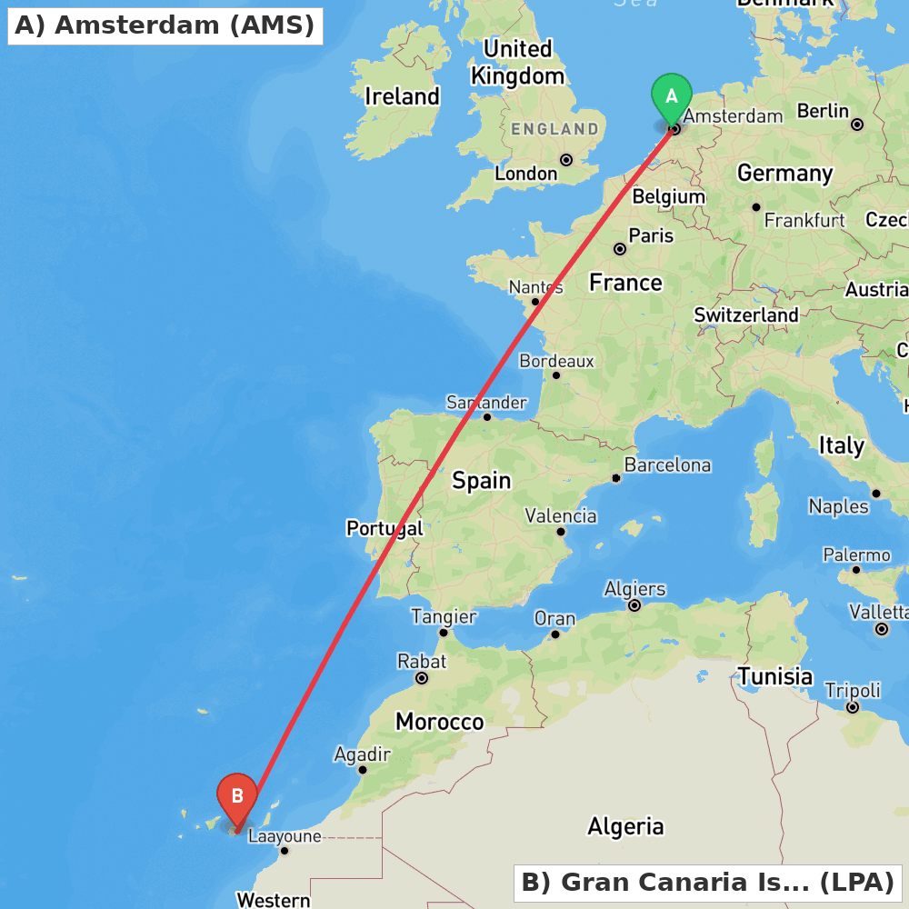 Flight route map from Amsterdam to Gran Canaria Island