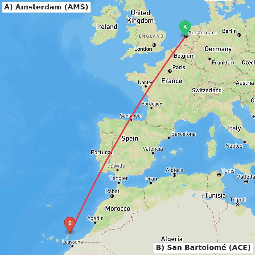 Flight route map from Amsterdam to San Bartolomé