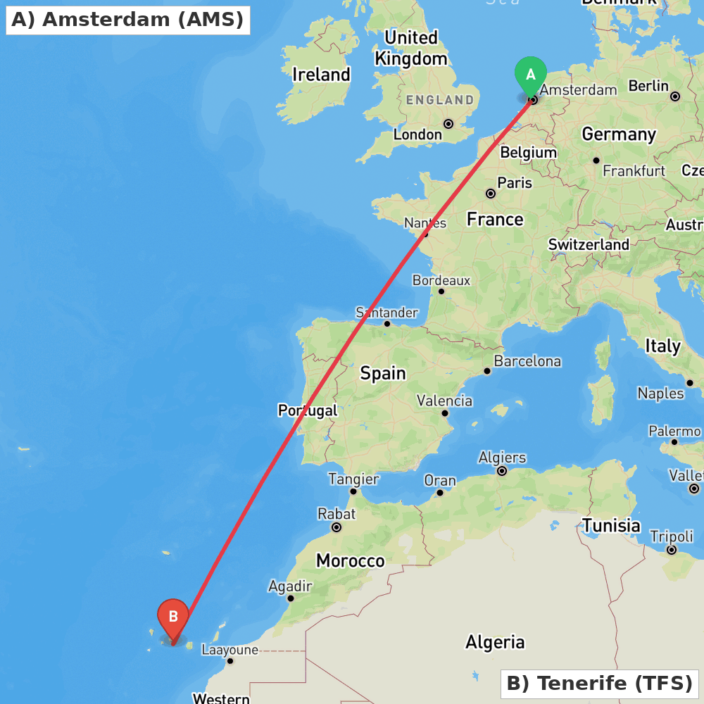 Flight route map from Amsterdam to Tenerife