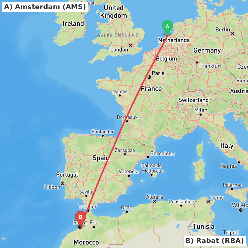 Flight route map from Amsterdam to Rabat