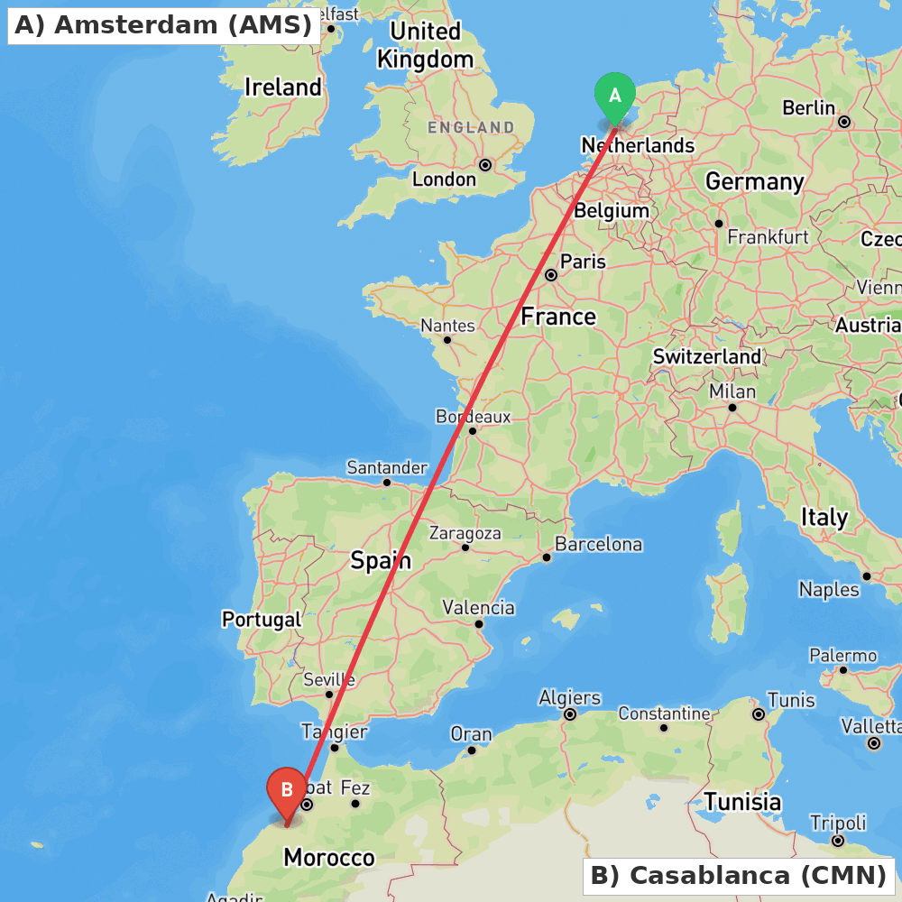 Flight route map from Amsterdam to Casablanca