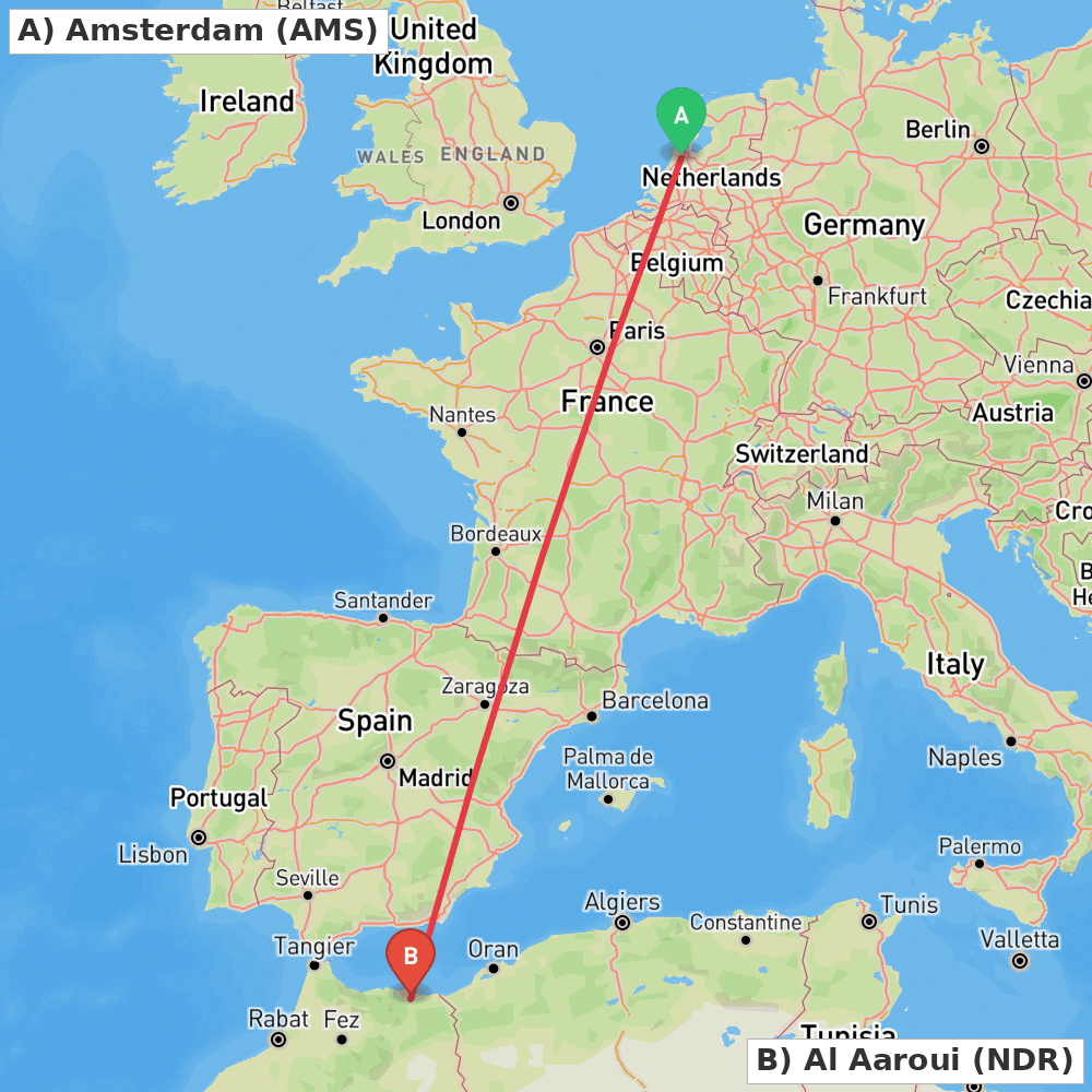 Flight route map from Amsterdam to Al Aaroui