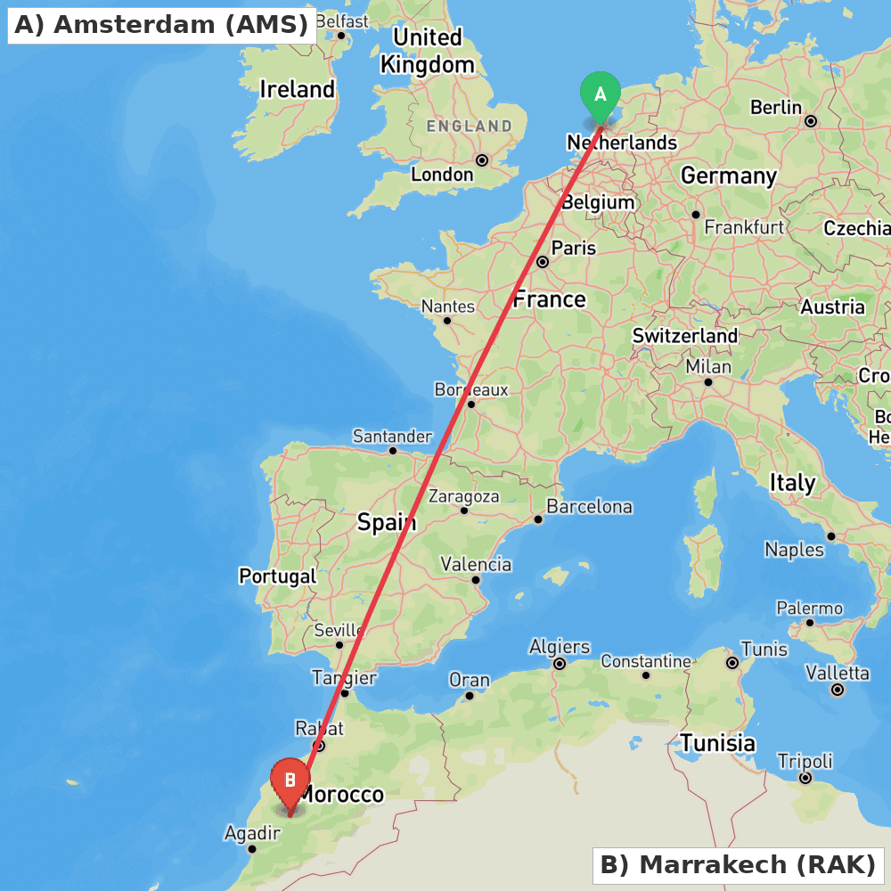 Flight route map from Amsterdam to Marrakech