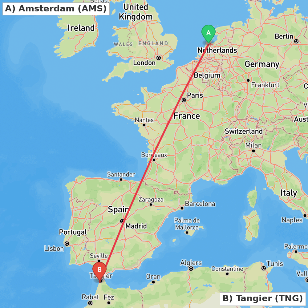 Flight route map from Amsterdam to Tangier