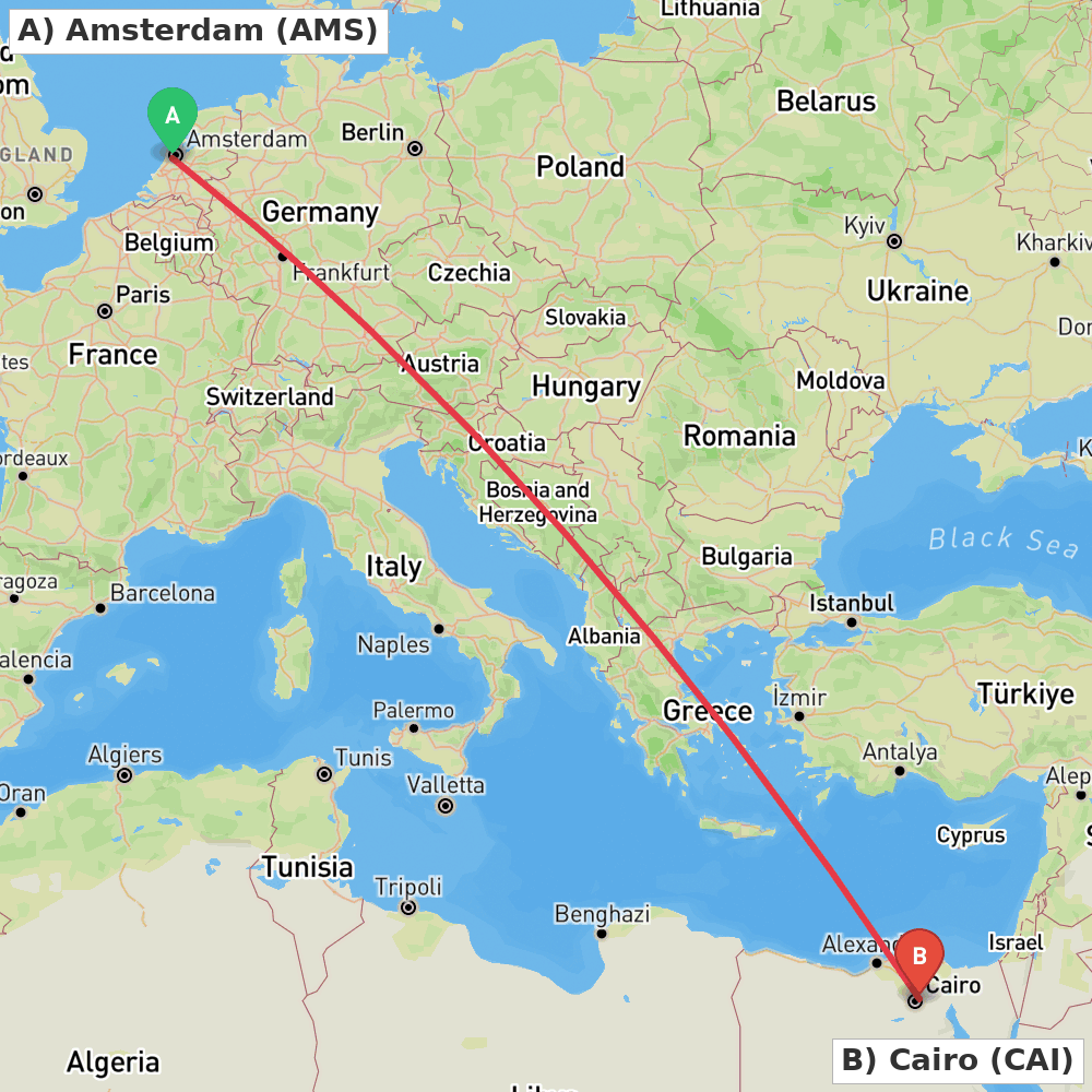 Flight route map from Amsterdam to Cairo