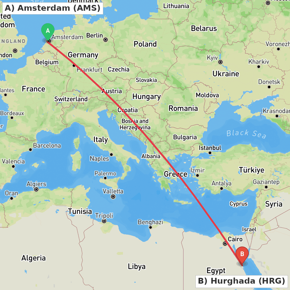 Flight route map from Amsterdam to Hurghada