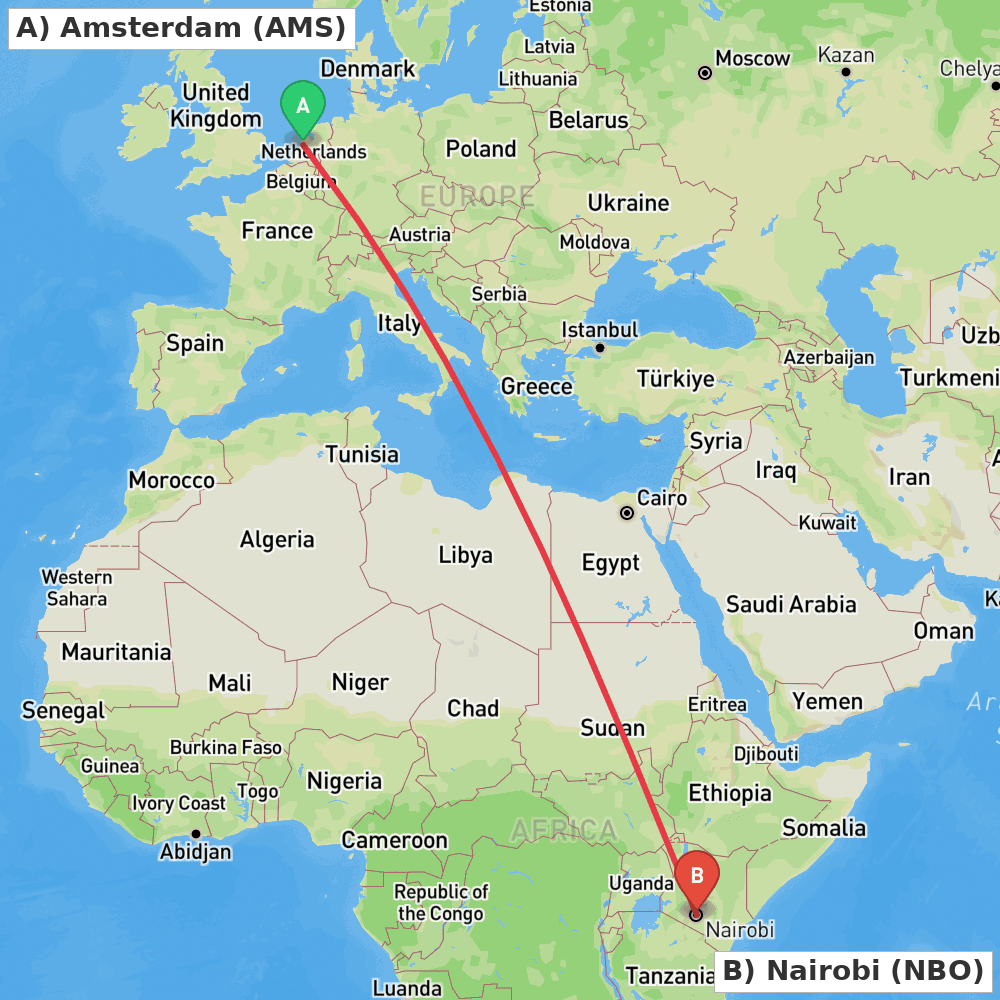 Flight route map from Amsterdam to Nairobi