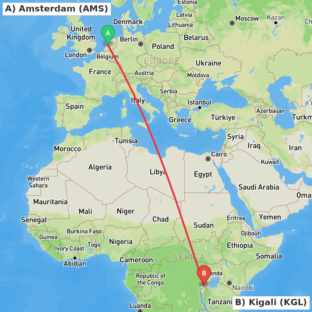 Flight route map from Amsterdam to Kigali