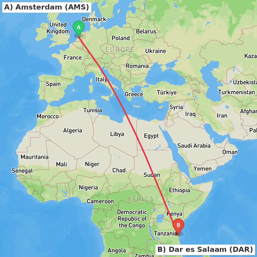 Flight route map from Amsterdam to Dar es Salaam