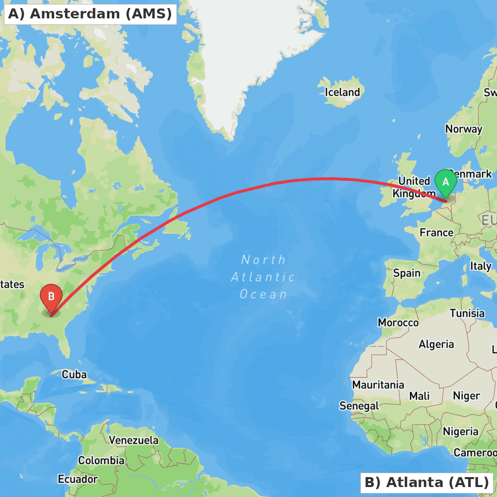 Flight route map from Amsterdam to Atlanta