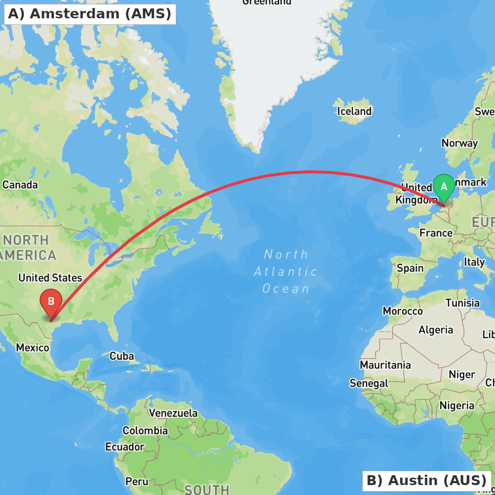 Flight route map from Amsterdam to Austin