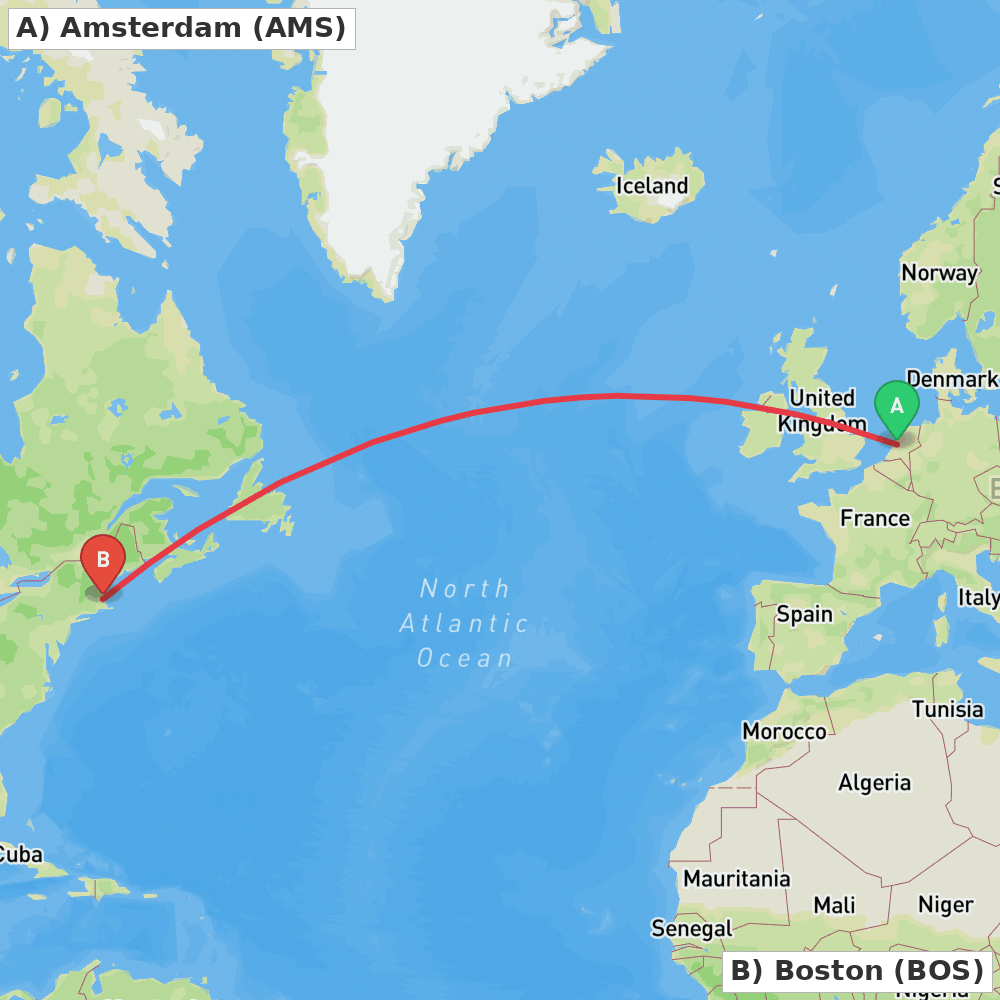 Flight route map from Amsterdam to Boston