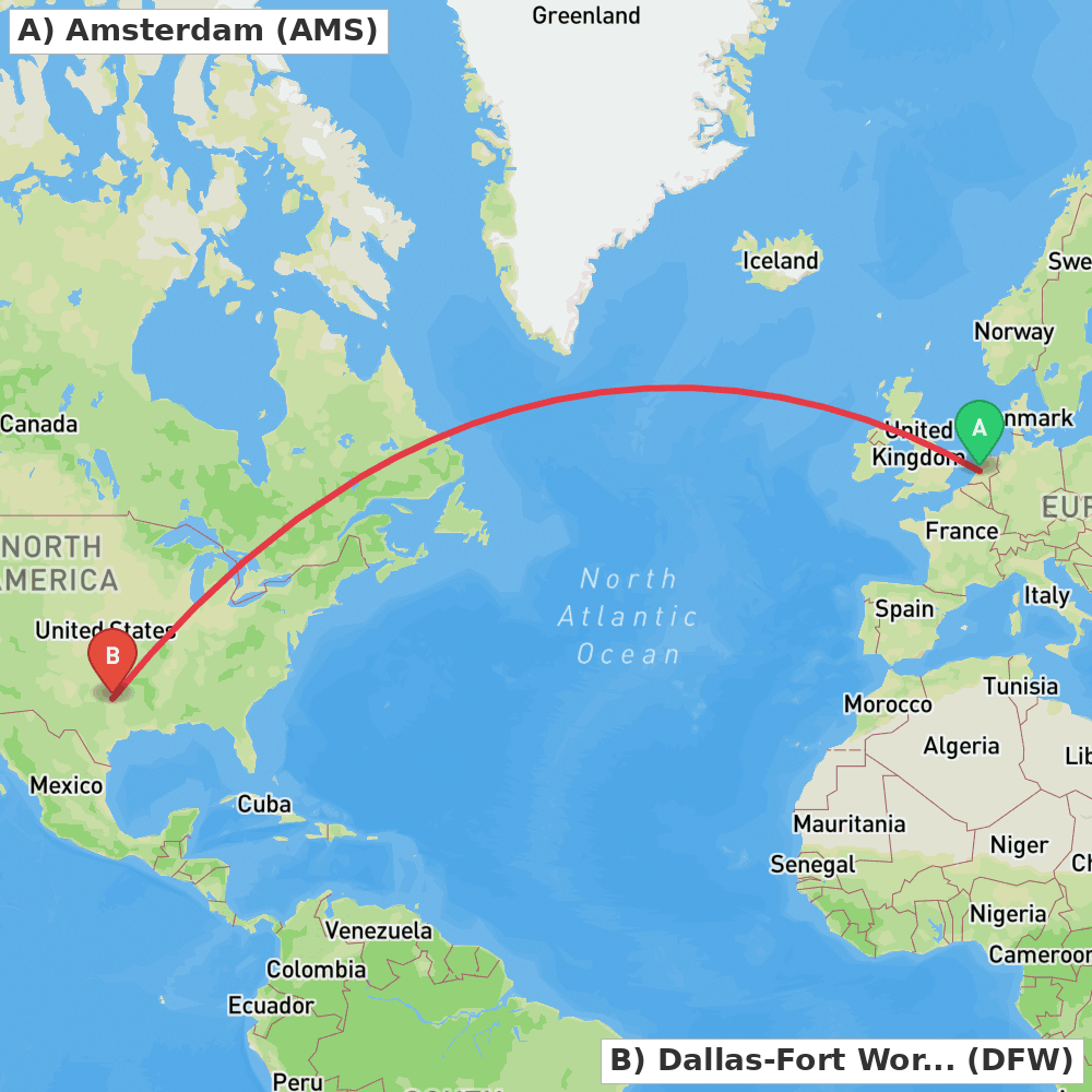 Flight route map from Amsterdam to Dallas-Fort Worth