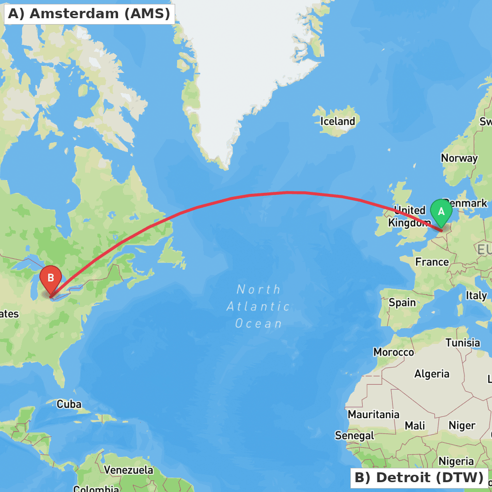 Flight route map from Amsterdam to Detroit
