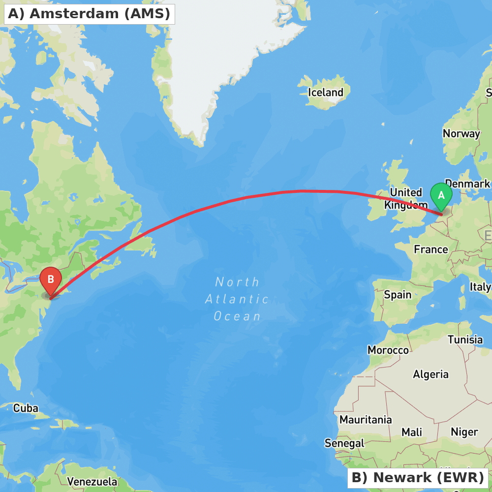 Flight route map from Amsterdam to Newark