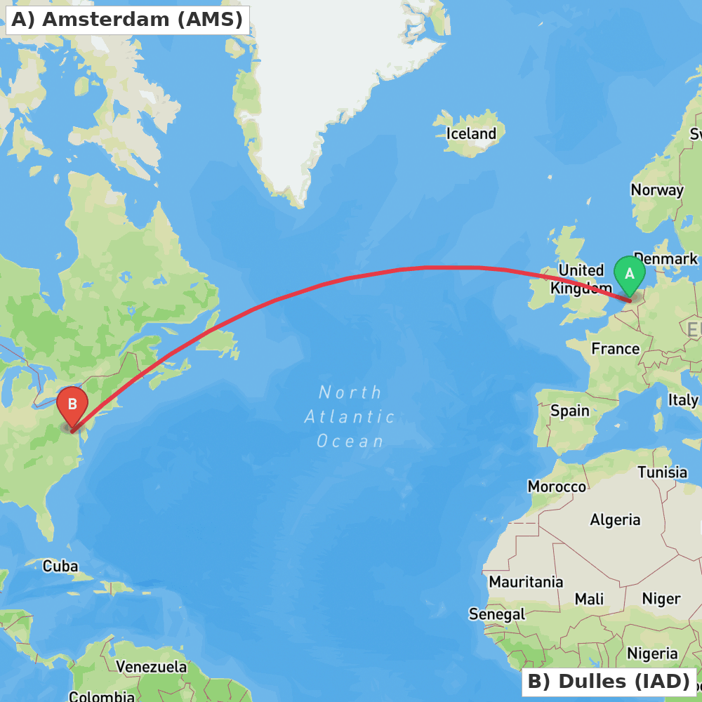 Flight route map from Amsterdam to Dulles