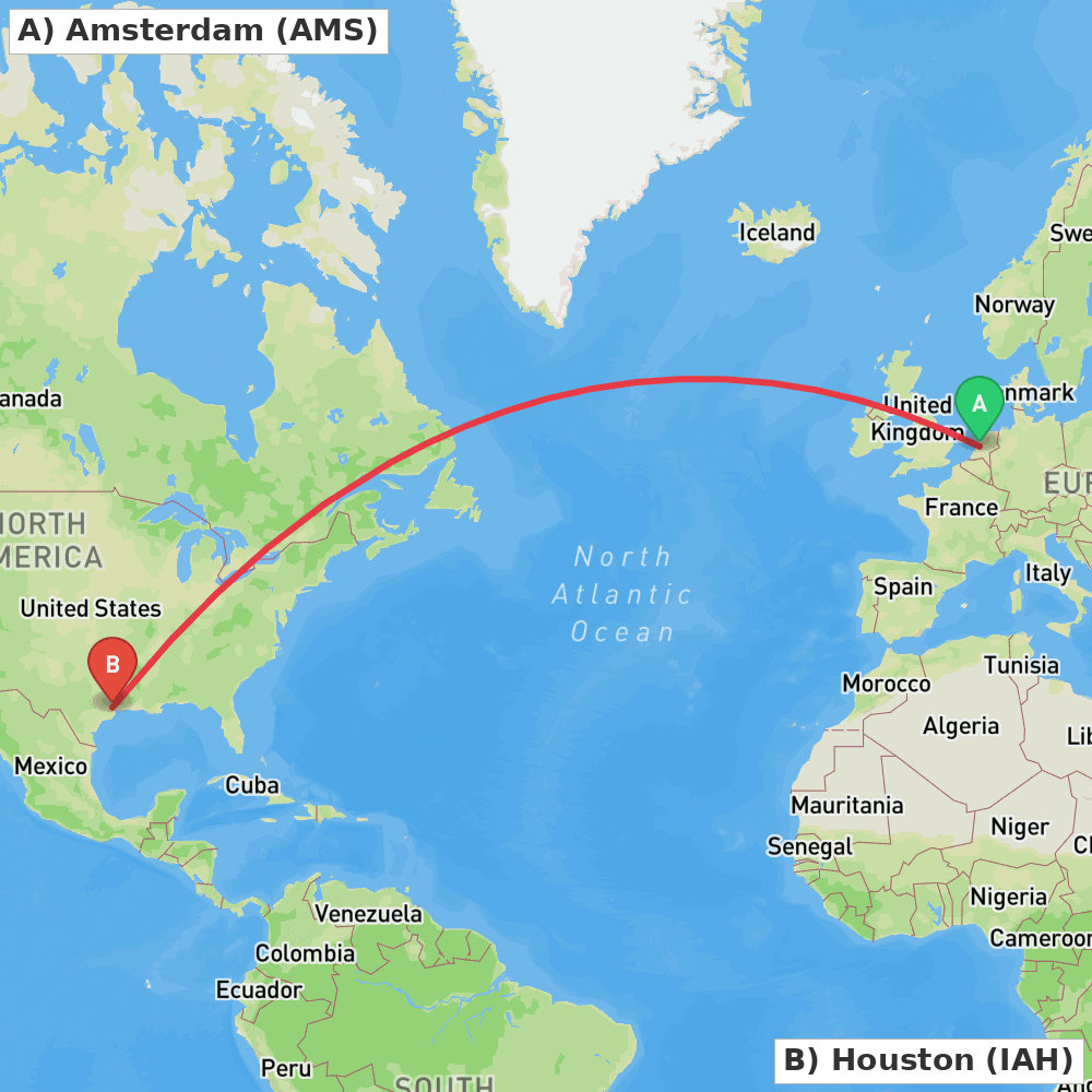 Flight route map from Amsterdam to Houston
