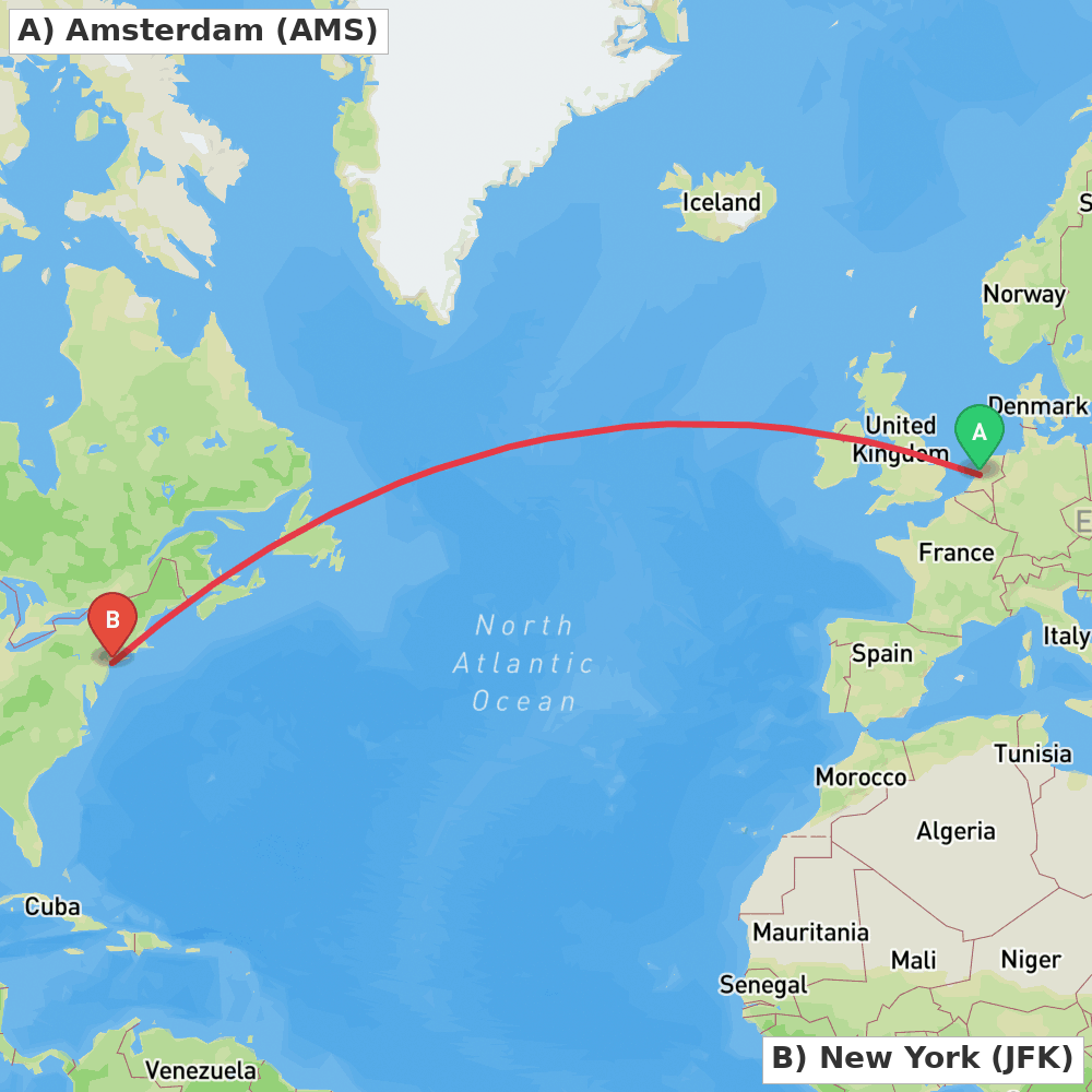 Flight route map from Amsterdam to New York