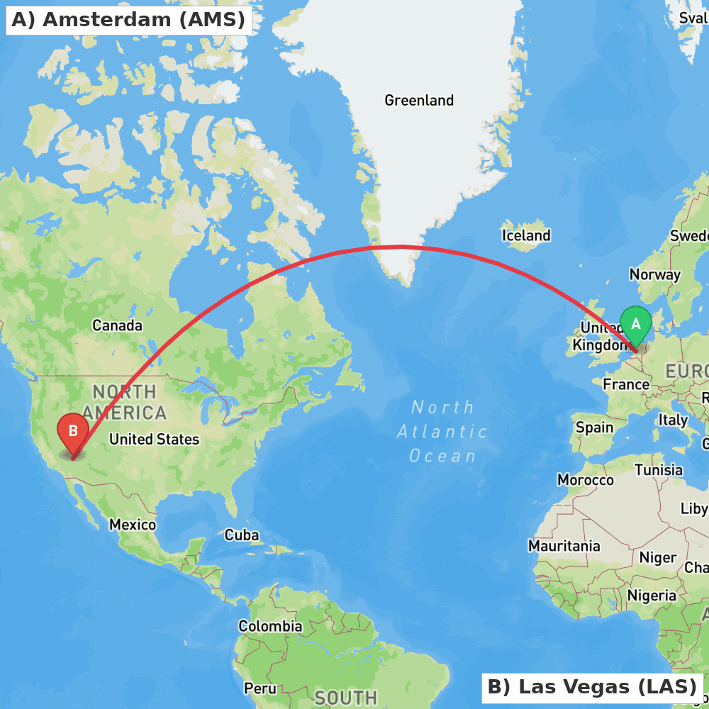 Flight route map from Amsterdam to Las Vegas