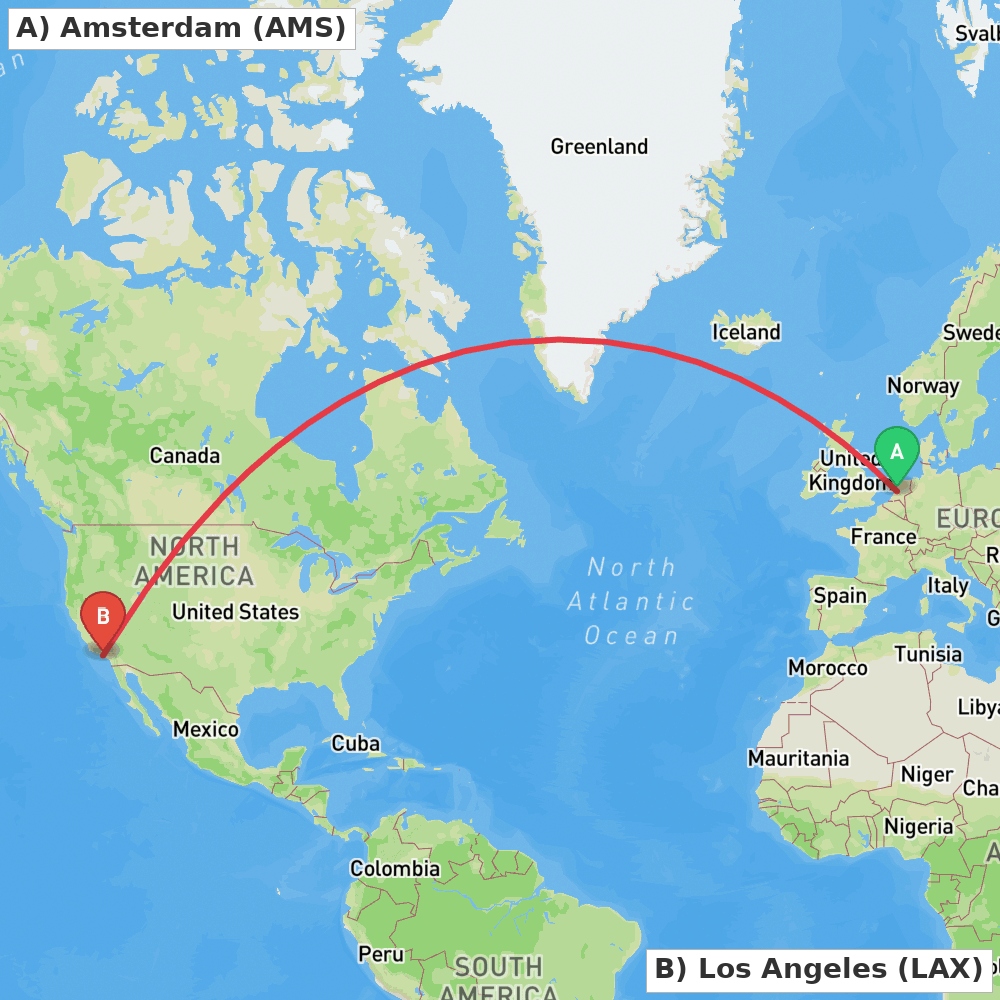 Flight route map from Amsterdam to Los Angeles