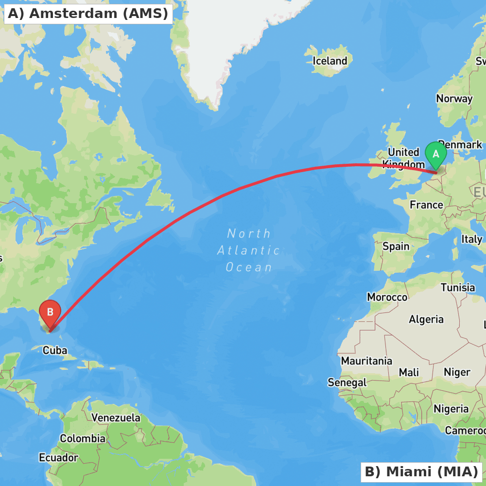 Flight route map from Amsterdam to Miami