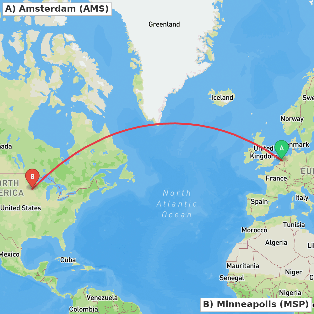 Flight route map from Amsterdam to Minneapolis