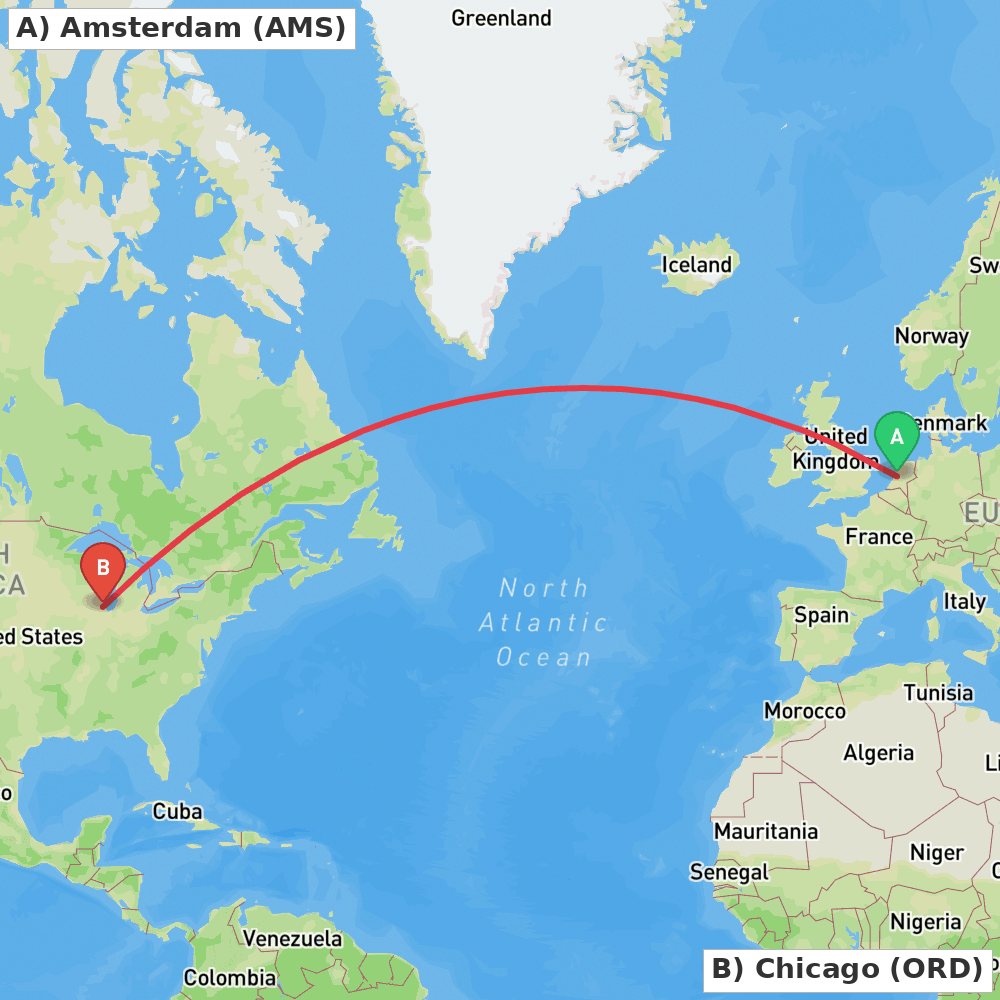 Flight route map from Amsterdam to Chicago