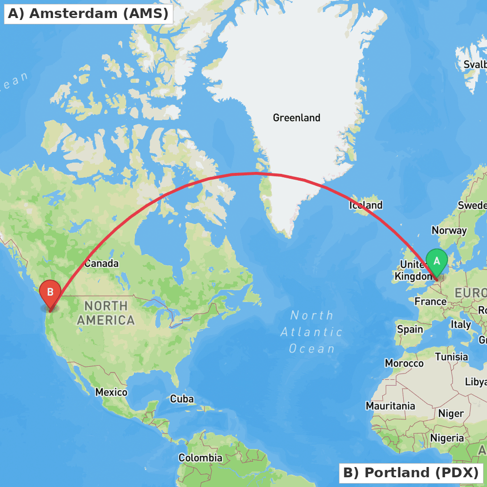 Flight route map from Amsterdam to Portland