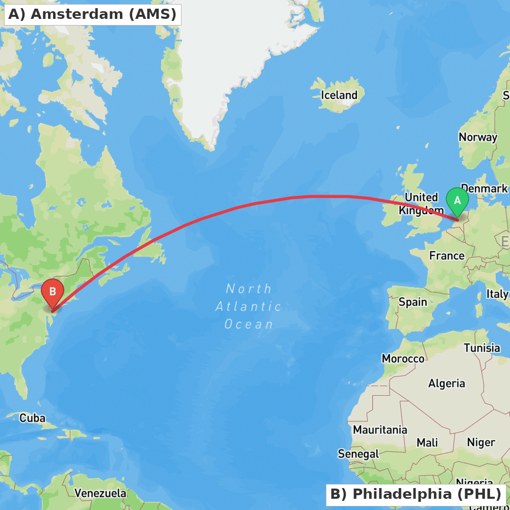 Flight route map from Amsterdam to Philadelphia