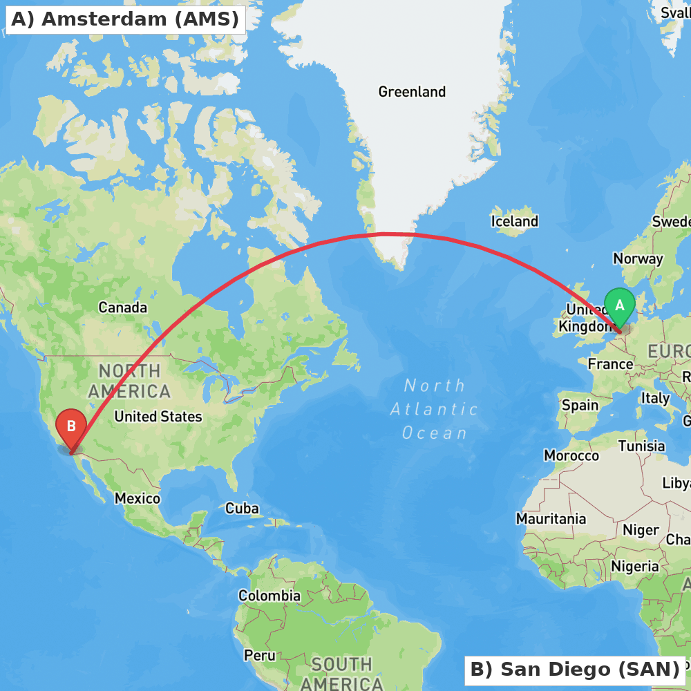 Flight route map from Amsterdam to San Diego