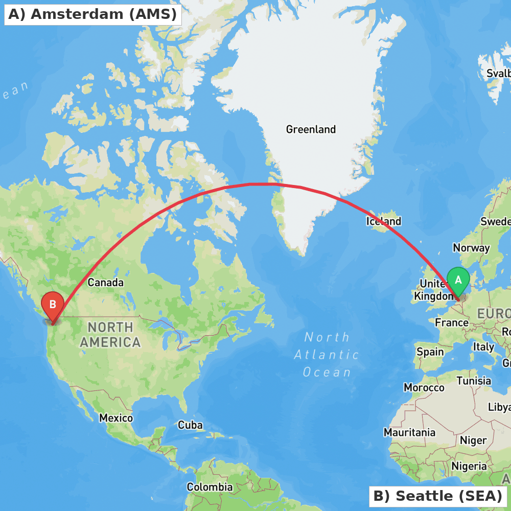 Flight route map from Amsterdam to Seattle