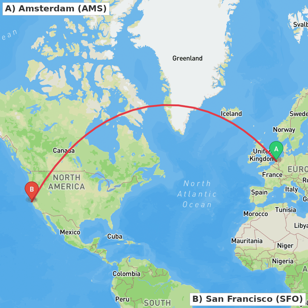 Flight route map from Amsterdam to San Francisco