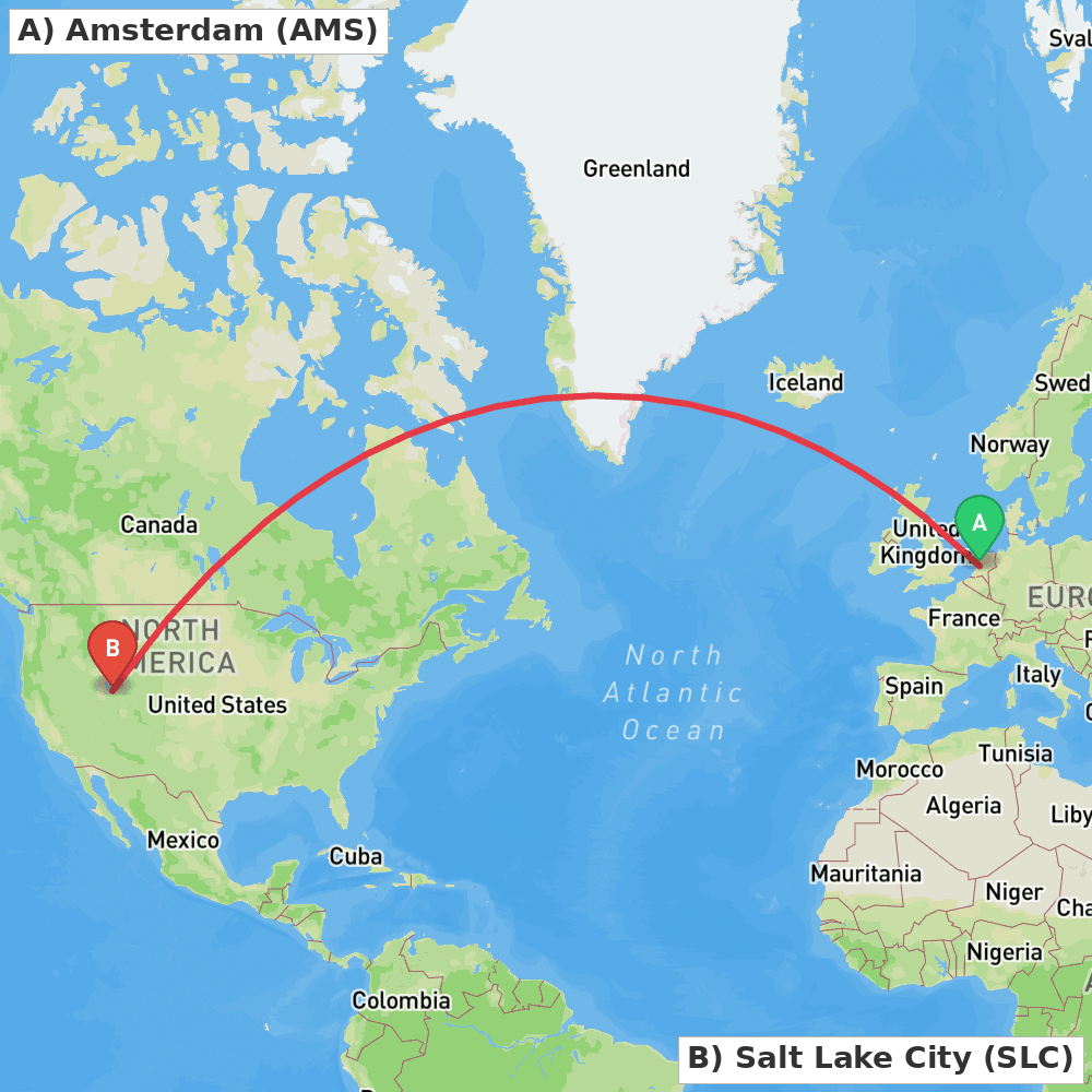 Flight route map from Amsterdam to Salt Lake City