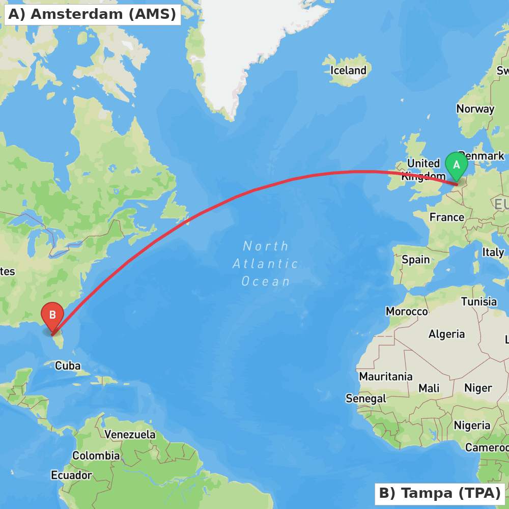 Flight route map from Amsterdam to Tampa