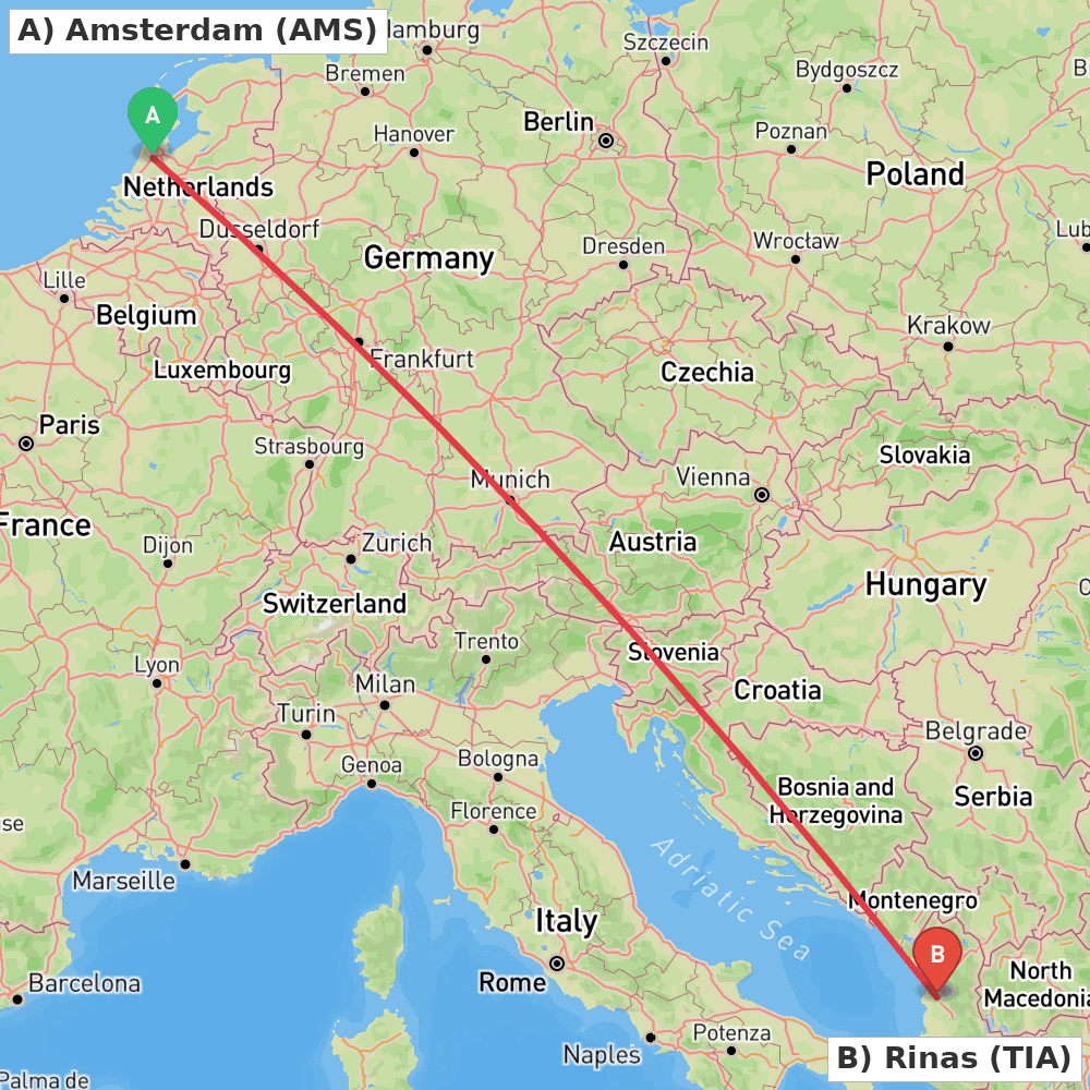 Flight route map from Amsterdam to Rinas