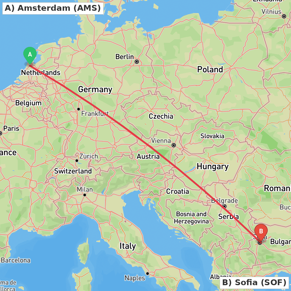 Flight route map from Amsterdam to Sofia
