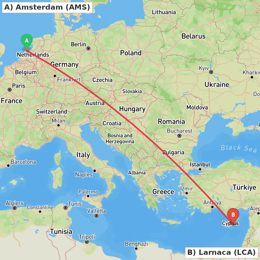 Flight route map from Amsterdam to Larnaca