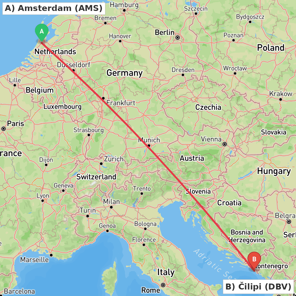 Flight route map from Amsterdam to Čilipi