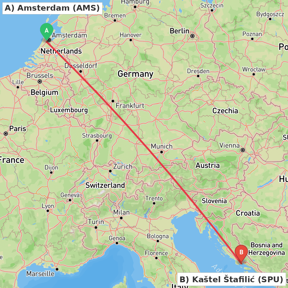 Flight route map from Amsterdam to Kaštel Štafilić