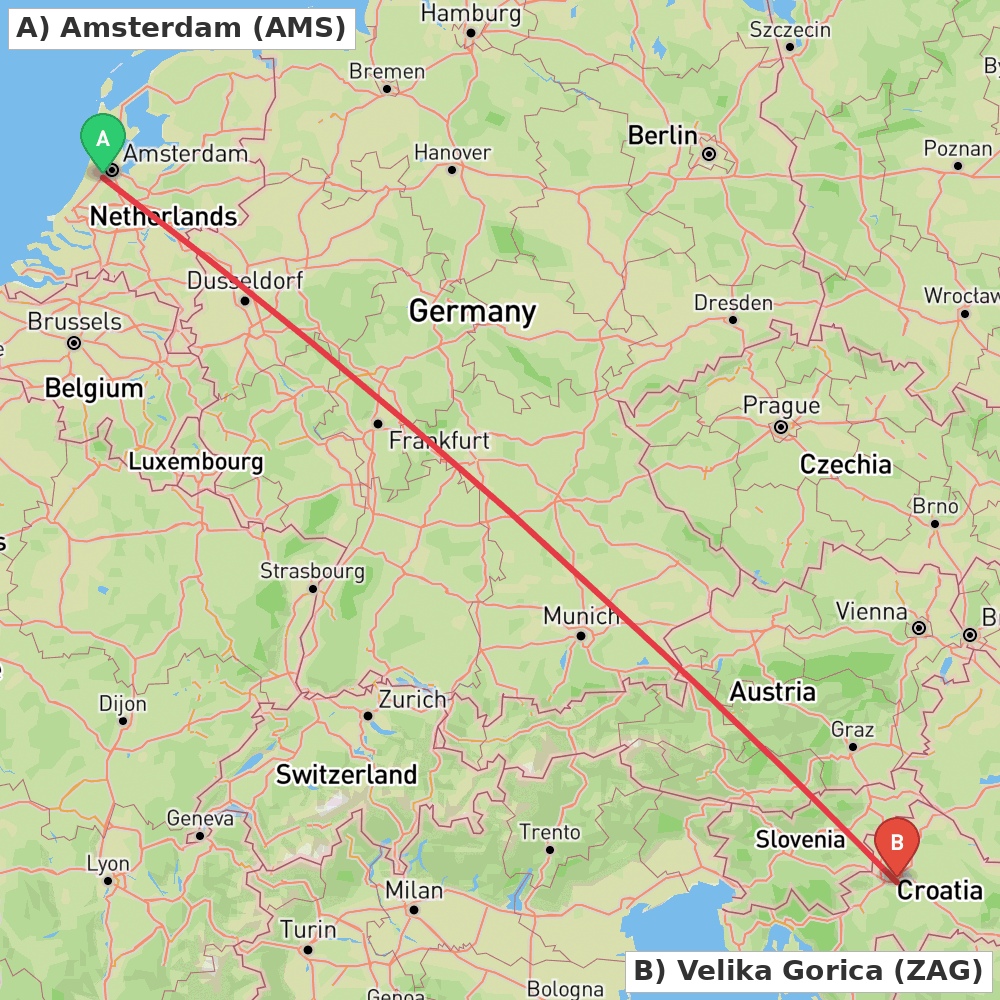 Flight route map from Amsterdam to Velika Gorica