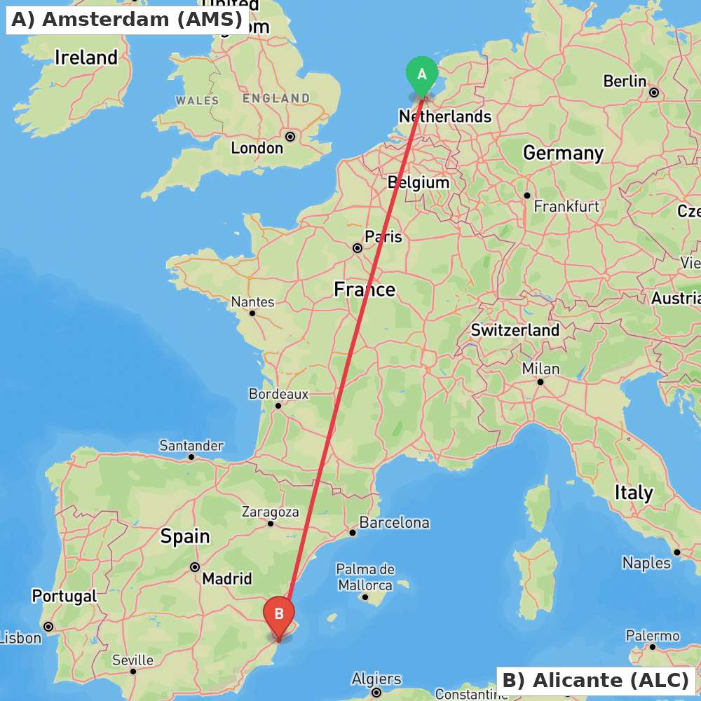 Flight route map from Amsterdam to Alicante