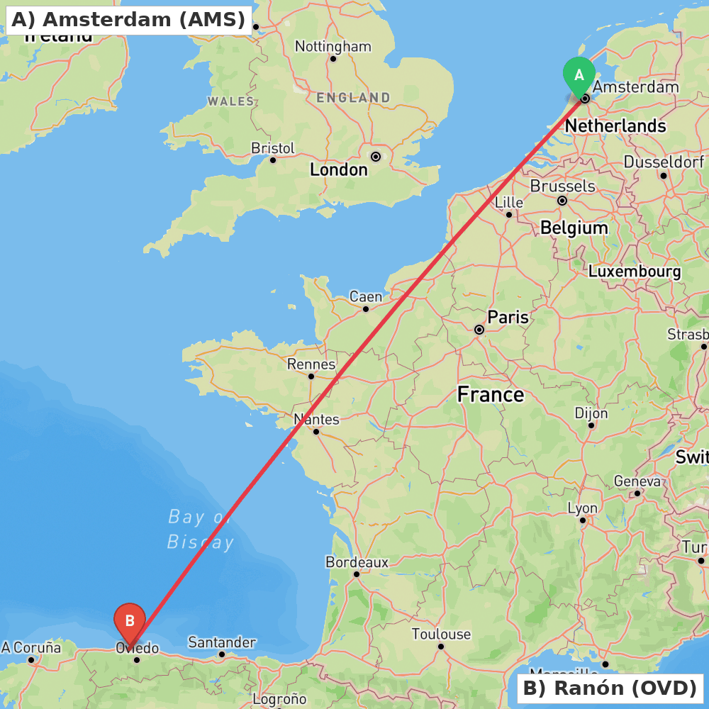 Flight route map from Amsterdam to Ranón